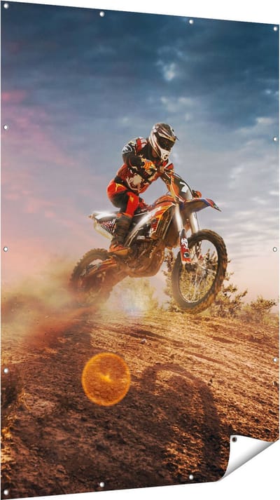 Gards Tuinposter Motorcross op een Heuvel bij Zonsondergang - 120x180 cm - Tuindoek - Tuindecoratie - Wanddecoratie buiten - Tuinschilderij