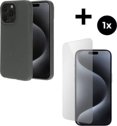 Mobiparts Silicone Cover hoesje geschikt voor Apple iPhone 15 Pro Max met 1 Screenprotector van Gehard Glas - Grijs