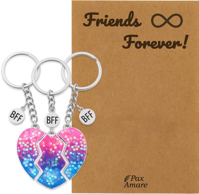 BFF Sleutelhanger voor 3 ' Friends Forever' - Magnetisch Glitter Hartje - Sleutelhanger set op Cadeau Kaartje - Zilverkleurig - Vriendschap Symbool - Pax Amare