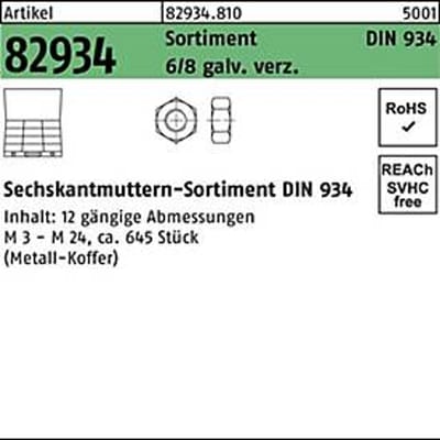 Moerenassortiment DIN 934, 45-delig, verzinkt, zeskantmoeren, REYHER artikel 82934