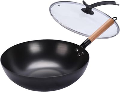 Wokpan Platte Bodem - Roerbakpan IJzer - Traditioneel Koken - Antiaanbaklaag - 32CM Diameter - Zwart