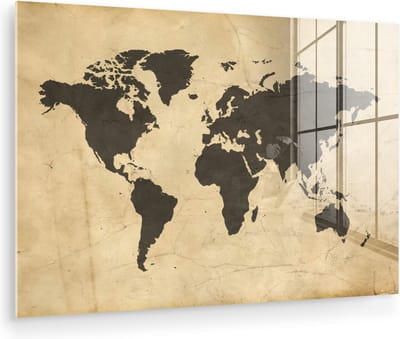® Glasschilderij 180x120 cm - Schilderij acrylglas - Wereldkaart - Sepia - Vintage - Bruin - Foto op glas - Muurdecoratie woonkamer - Wanddecoratie slaapkamer - Schilderijen