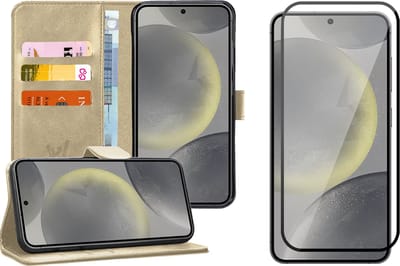 Hoesje geschikt voor Samsung Galaxy S24 - Screenprotector Volledig Dekkend Glas - Portemonnee Book Case Goud