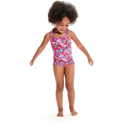 Speedo Een eendelig babypakje met dunne bandjes en franje, bedrukt om te leren zwemmen (Roze/paars)