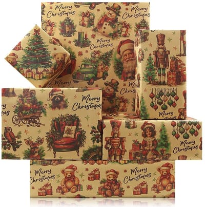 Allecto - Retro Christmas Wrapping Paper - Kerst Inpakpapier - 4 Vellen - Multicolor - Sfeervol Cadeaupapier - Geschikt voor Feestdagen - Perfect v...