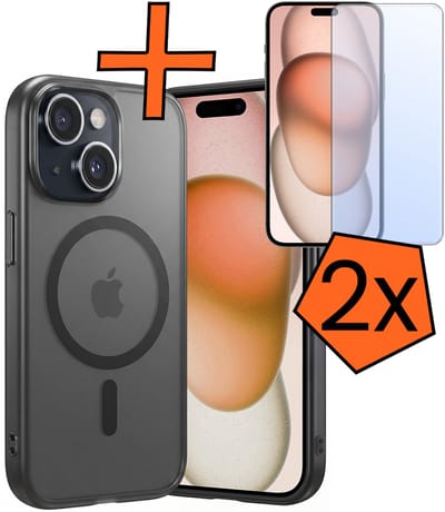 Hoes - Met 2x Screenprotector - Geschikt voor Apple iPhone 15 - Magsafe Compatible - Sterk & Shockproof - Back Cover - Shock Proof Case - Telefoon Hoes - Zwart