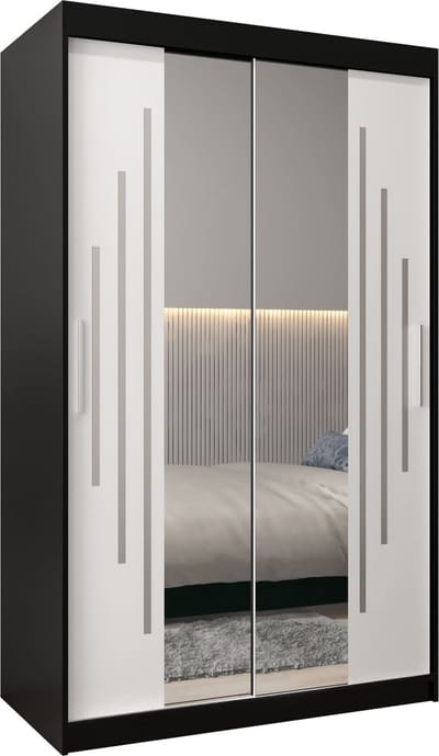 InspireMe - Kledingkast met 2 schuifdeuren, Modern-stijl, Een kledingkast met planken en een spiegel (BxHxD): 120x200x62 - MALTESE I 120 Zwart Mat + Wit Mat