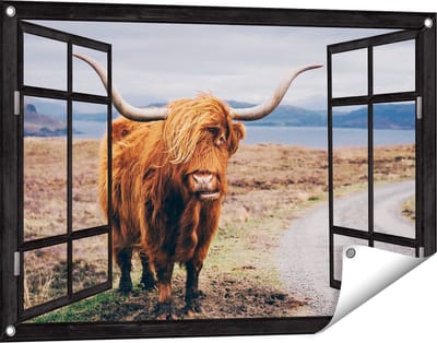 Gards Tuinposter Doorkijk Schotse Hooglander Koe op de Weg - 90x60 cm - Tuindoek - Tuindecoratie - Wanddecoratie buiten - Tuinschilderij