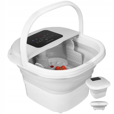 Opvouwbare Voetenbad met Verwarming， Massage & Bubbels - 4 Programma‘s， LCD Bediening， Elektrische Rollers， Draagbaar en Makkelijk Op te Berg