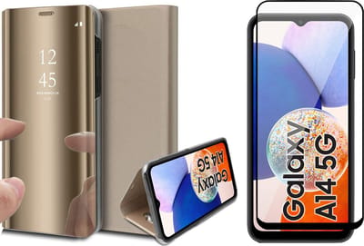 Hoesje geschikt voor Samsung Galaxy A14 - Screen Protector FullGuard - Book Case Spiegel Goud & Screenprotector