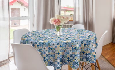 ABAKUHAUS Geel en Blauw Rond Tafelkleed, Mozaïek Azulejo, Cirkel Tafelkleed Deksel voor Keukendecoratie in de eetkamer, 150 cm, Violet Blauw Mosterd