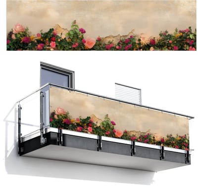 Balkonscherm 300x80 cm - Balkonposter Rozen - Muur - Vintage - Balkon scherm decoratie - Balkonschermen - Balkondoek zonnescherm