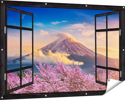 Gards Tuinposter Doorkijk Fuji Berg met Roze Bloesembomen - Bloemen - 150x100 cm - Tuindoek - Tuindecoratie - Wanddecoratie buiten - Tuinschilderij