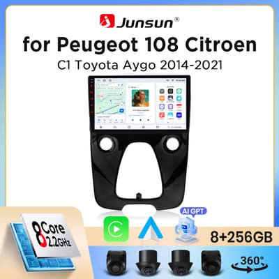 Junsun draadloze CarPlay Android Auto autoradio voor Peugeot 108 / Citroen C1 / Toyota Aygo (Mk2) 2014-2021 met ingebouwde koelventilator, Android GPS navigatie, multimediaspeler, WiFi, DSP, RDS, BT,
