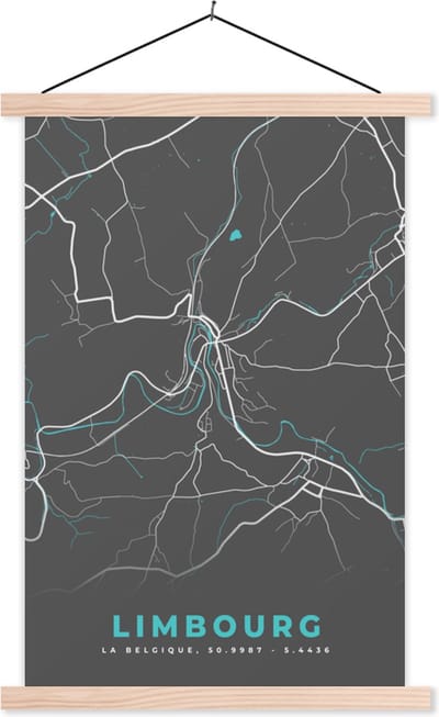 Posterhanger incl. Poster 40x60 cm - Schoolplaat - Plattegrond – Limbourg – Blauw – Stadskaart - Kaart - België - Textielposter - Blanke latten - Stadskaart