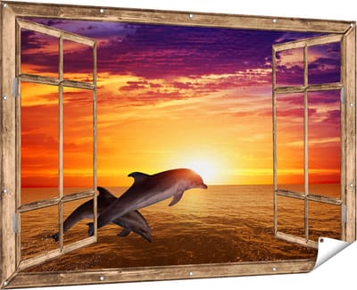 Gards Tuinposter Doorkijk Twee Dolfijnen bij de Zonsondergang - 180x120 cm - Tuindoek - Tuindecoratie - Wanddecoratie buiten - Tuinschilderij
