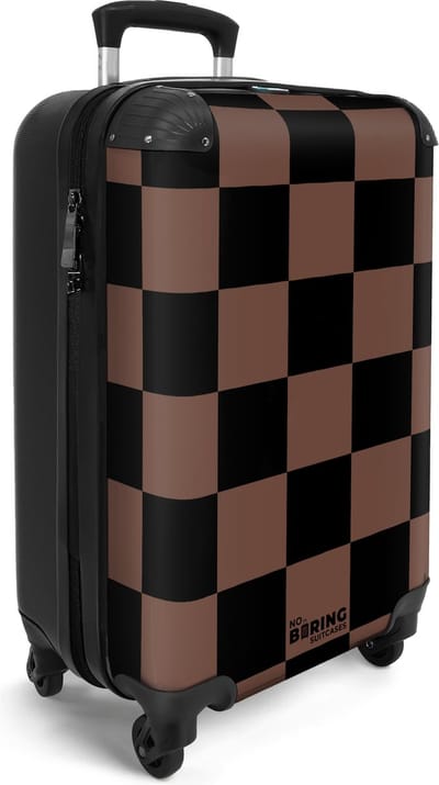 NoBoringSuitcases.com® - Handbagage koffer lichtgewicht - Reiskoffer trolley voor reizen - Bruin met zwarte schaakbord print - Rolkoffer cabin met wieltjes - Hardcase carry on reistrolley - Past binnen 55x40x20 en 55x35x25