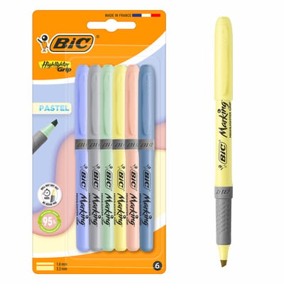 BIC Highlighter Grip Pastel - 6 Stuks - Markeerstiften 6 Pastelkleuren - 95% Natuurlijk Waterbasis