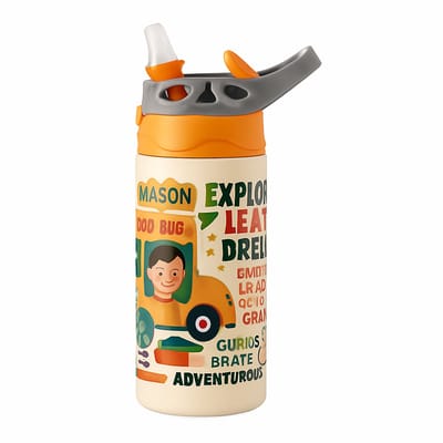 Retro Patroon Drinkfles – Stijlvolle Drinkfles voor Vintageliefhebbers en Designfans - Waterfles voor kinderen (wit/oranje)