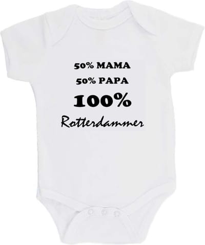 100% katoenen Romper "50% mama, 50% papa, 100% ROTTERDAMMER" Unisex Katoen Wit/zwart Maat 62/68