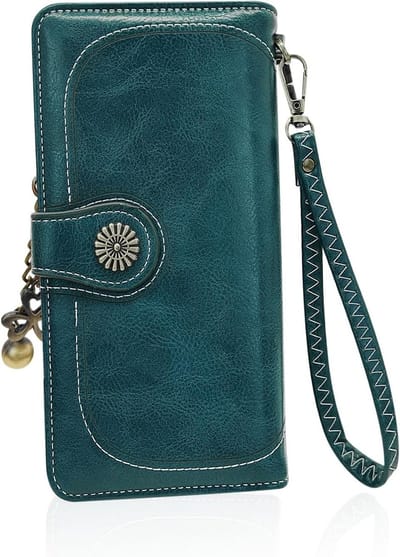 Stijlvolle Damesportemonnee met Verwijderbare Armband en Retro Metaal Pendant, Ruime Multi Kaarten Pocket en ID Venster, Blauw, 19*10*3.2cm, Perfect voor Dagelijks Gebruik