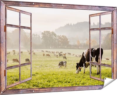 Gards Tuinposter Doorkijk Zwart Witte Koeien in de Wei - 180x120 cm - Tuindoek - Tuindecoratie - Wanddecoratie buiten - Tuinschilderij