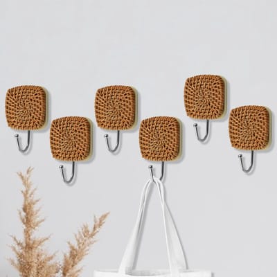 Wandhaak, boho rotan kleerhangers vierkante decoratieve natuurlijke houten handdoekhaken kleverige krans hanger voor entree, badkamer, slaapkamer, keuken