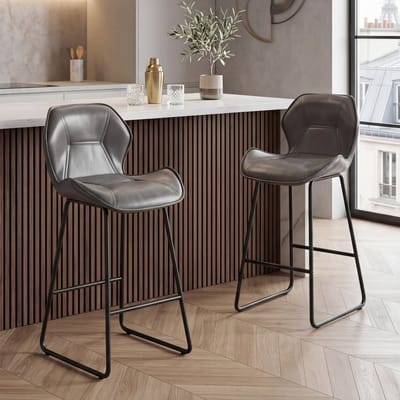 MODFU - Barkrukken Set Van 2 - Met Rugleuning En Voetsteun - Modern - Voor Keuken En Bar - Kunstleer En Metaal - Grijs