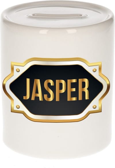 Spaarpot met voornaam Jasper - wit - met goud/zwart embleem - 8 x 9 cm - keramiek - met afsluitdop - cadeau verjaardag