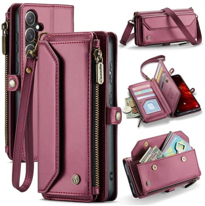 CaseMe C36 Hoesje Geschikt voor Samsung Galaxy S25 FE | Wallet Zipper Book Case met Pasjeshouder | Portemonnee Beschermhoes | met Schouder Strap | Rood