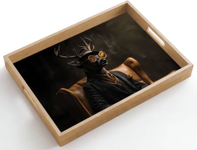 Dienblad hout 50x35 cm - Schootdienblad - Hert - Zonnebril - Zwart - Pak - Borrelplank rechthoek - Plateau dienbladen