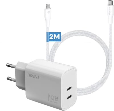 Phreeze usb C oplader met kabel geschikt voor iPhone en iPad met Lightning kabel 2 meter - Power Delivery snellader met 2 usb C poorten