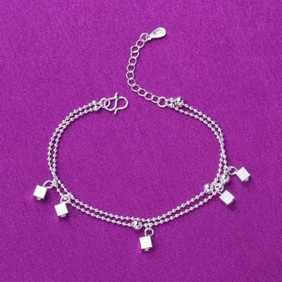Bracelets et Joncs Charm Carré Double Couche Tendance en Argent Sterling 925 Cheville Pour Femmes Bijoux de Fête de Mariage A175 purple