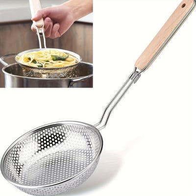 Cuillère en acier inoxydable cuillère à pêche, manche en bois, écran filtrant à mailles huileuses perforé, clôture, cuillère à huile épaissie, cuillère à pot beige