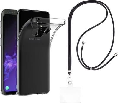 Set met hoesje en nekband voor Samsung Galaxy s9 plus - Flexibele, transparante TPU-bescherming, verstelbare universele nekband voor mobiele telefoons, zwarte nekband, transparante draagriem van Phonillico®