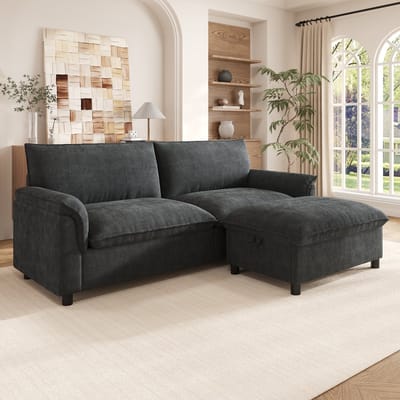 Modulaire Cloud Hoekbank, Moderne Hoekbank, L-Bank, 2-Zitsbank, Comfortabele Hoekbank voor de Woonkamer, Modern Design met Diepe Zitting, Extra Grote Cloud Bank, met Verplaatsbare Voetenbank, Hoge Rugleuning-Zwart