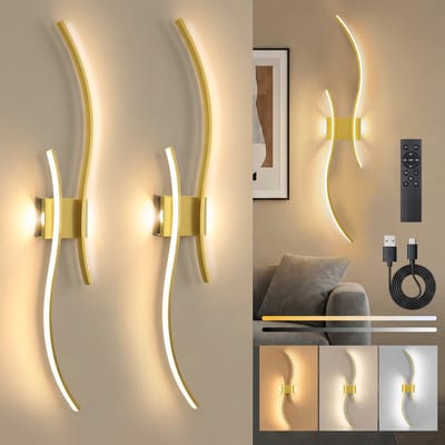 Rosnek Draadloze Wandlamp Oplaadbaar – Instelbare Kleurtemperatuur & Helderheid, Afstandsbediening met USB-C - 15-55 uur Werking – Moderne LED Muurlamp met Dubbele Zijverlichting, Timer en Touch Bediening – Goud Aluminium Design -2-pak (Model C)
