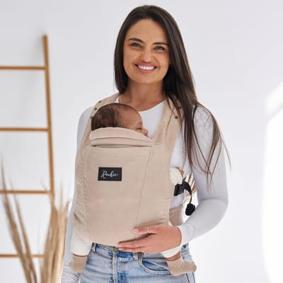 ROOKIE Baby Premium Elite draagzak - Design buikdrager en rugdrager - Comfortabel en ergonomisch baby spullen - Babydrager vanaf Geboorte - Ook voor Peuter - Biologisch katoen (Cord Beige)