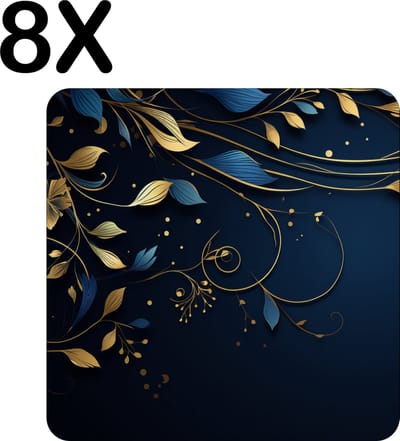 Luxe Placemat - Donker Blauwe Achtergrond met Gouden Bloemen - Set van 8 Placemats - 50x50 cm - 2 mm dik Vinyl - Anti Slip - Afneembaar