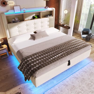 Sweiko Gestoffeerd bed - 140 × 200 cm - LED-verlichting - Opbergruimte - Zwevend bed - USB/Type-C - Linnen - Beige
