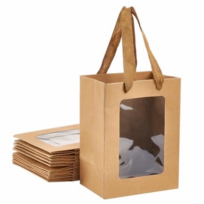 Kraftpapier Geschenkzakjes met Venster - 12 Stuks - 20 x 15 x 10,3 cm - Handgrepen - Huishoudelijke Boodschappentassen voor Verjaardag, Bruiloft en Feestdagen