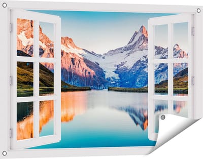 Gards Tuinposter Doorkijk Bergen Landschap bij het Meer - 90x60 cm - Tuindoek - Tuindecoratie - Wanddecoratie buiten - Tuinschilderij