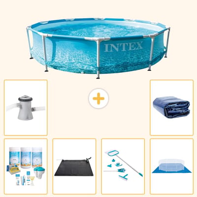Intex Rond Frame Zwembad - 305 x 76 cm - Waterprint - Inclusief Onderhoudspakket - Solar Mat - Schoonmaakset - Grondzeil - Zwembadfilterpomp - Solarzeil - 7-delig