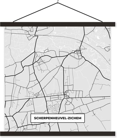 Posterhanger incl. Poster 60x60 cm - Schoolplaat - Stadskaart – Plattegrond – België – Zwart Wit – Scherpenheuvel Zichem – Kaart - Textielposter - Zwarte latten - Stadskaart