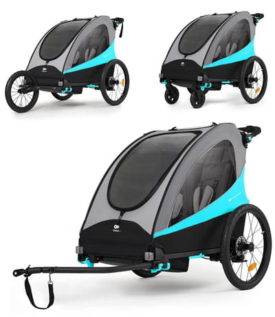 Kinderkraft NAVA 3-in-1 Fietskar, Wandel- en Hardloopwagen - Voor 1-2 Kinderen tot 60 kg - Met Luchtbanden, Vering en Snel Inklapsysteem - Blauw