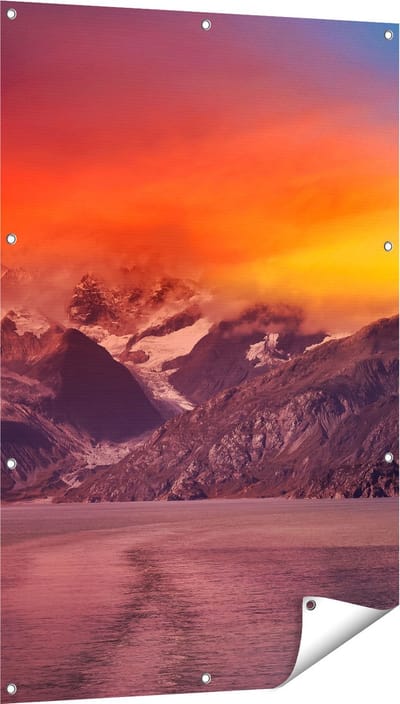 Gards Tuinposter Meer bij de Bergen bij Zonsondergang - 80x120 cm - Tuindoek - Tuindecoratie - Wanddecoratie buiten - Tuinschilderij