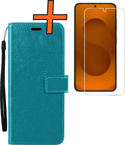 Hoes - Met Screenprotector - Geschikt voor Samsung Galaxy S25 - Luxe Pasjeshouder - Bookcase Portemonee - Flip Case - Kunstleer Book Case - Flipcase - Book Cover - Walletcase - PortemonneeHoes - Turquoise
