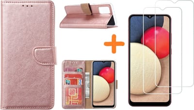 Hoesje Geschikt Voor Samsung Galaxy A02s Hoesje Geschikt Voor Samsung Galaxy A02s bookcase + 2x screenprotector - Rose goud