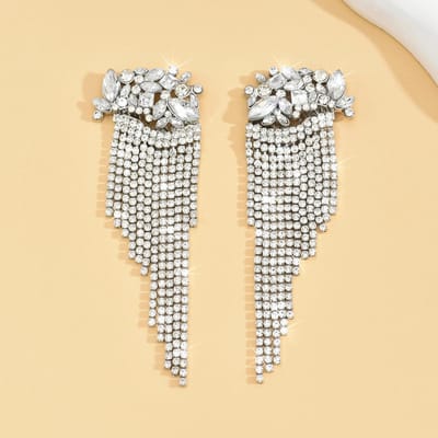 2-delige Damesmode Koper Ingelegd Diamant Klauwketting Overdreven Kwast Oorbellen Sieraden Geschikt voor Date, Feest, Festival Cadeau white