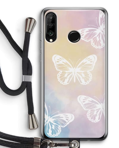 Case Company® - Hoesje met koord geschikt voor Huawei P30 Lite hoesje met Koord - White butterfly - Telefoonhoesje met Zwart Koord - Bescherming aan alle Kanten en Over de Schermrand